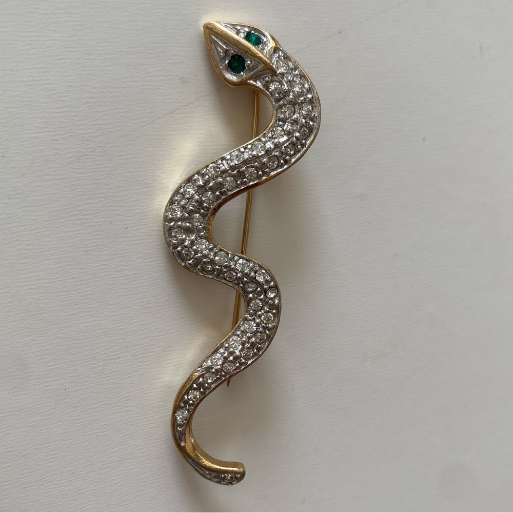 Vintage snake pin. Antique green eyed snake brooch